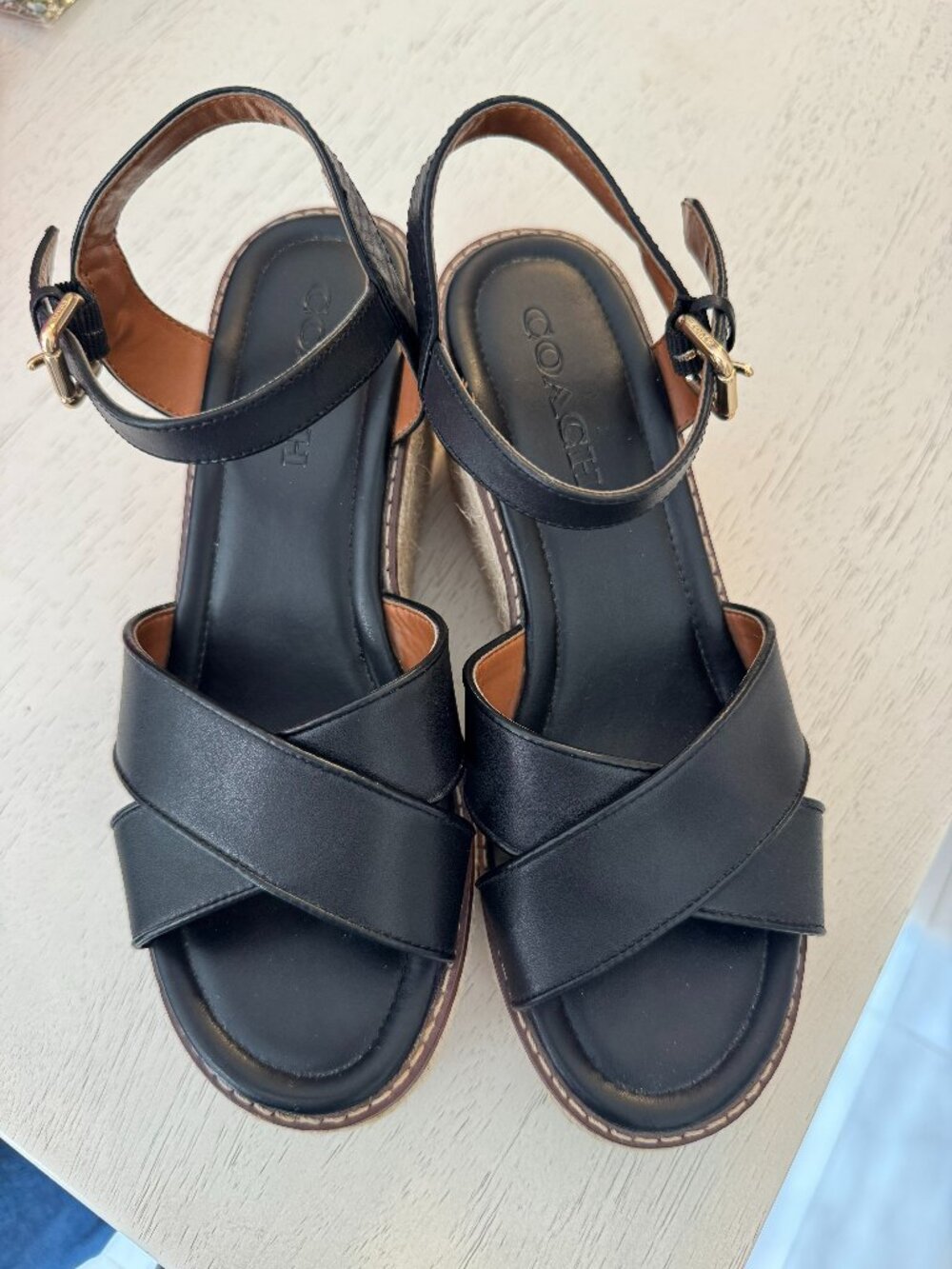 COACH black leather and raffia wedge sandals, size 9.5